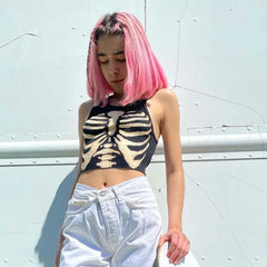 Lunivop Summer Tops Women Punk Vintage Cosmic Skeleton printing Tank Black Goth Clothes Harajuku O-neck Short Sleeve Crop Top T Shirt