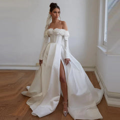 Lunivop Delicate Off The Shoulder Long Sleeve Satin Wedding Dress Custom Made White Petal Shape Hi Slit A-line Draped Bride Gowns