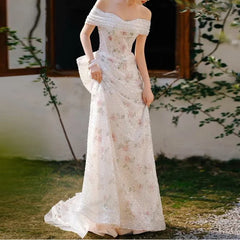 Lunivop Temperament Slash Neck Mesh Short Sleeve Fairy Prom Dress Sweet Floral Printed Exquisite Sequin Mermaid Train Robe Bo formal dress