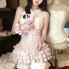 Lunivop Mesh Patchwork Bow Slim Fit Sleeveless Vest Top for Women+ Fashion Sweet Ruched Cake Skirts 2025 Summer New Two Piece Sets