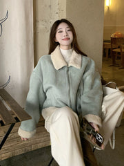 Lunivop Faux Suede Lamb Jackets Women Winter Warm Thick Sweet Cute Short Coat Korean Vintage Loose Long Sleeve Preppy Style Tops