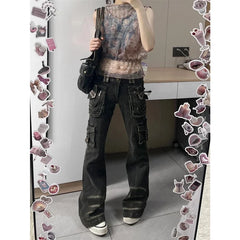 Lunivop Black Womens Jeans High Waist Vintage Straight Autumn Plus Size Y2K Denim Pants Streetwear American Baggy Wide Leg Denim Trouser