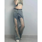 Lunivop High Street Hollow Mesh Patchwork Casual Jeans Women Summer New High Waist Distressed Washed Denim Wide Leg Pants