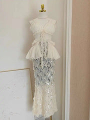 Lunivop Fashion Women Two Piece Set Dress Suspenders Ear Fungus Edge Design Top + Sequined Fish Scale Skirt
