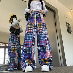 Lunivop American Retro Colorful Patchwork Plaid Wide Leg Pants Fashionable Street Casual Sweatpants Harajuku Style Y2k Hot Girl Trousers
