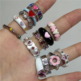 Lunivop Korea Colorful Oil Drip Rhinestone Trendy Geometry Rings For Women Harajuku Vintage Peach Heart Star Girls Y2k 90s Jewelry Gifts