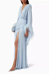 Lunivop Light Blue Evening Dress V-Neck Feather Long Sleeves Elegant Evening Gowns Cascading Chiffon Ruffle Party Dresses