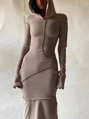 Lunivop Long Sleeve Hooded Patchwork Skinny Maxi Dress Autumn Winter Women Fashion Streetwear Casual Outfits