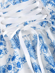 Lunivop Blue and white floral printed spaghetti strap sweetheart neck high waisted puffy dress