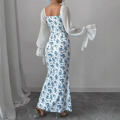Lunivop Women's Long-sleeved V-neck Dress Chiffon Patchwork Knitted Printed Hip-hugging Long Skirt
