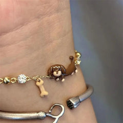 Lunivop Stainless Steel Dachshund Sausage Dog Charm Bracelet Beaded Chain For Women Pet Lover Jewelry 