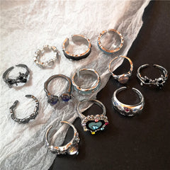 Lunivop Y2K Kpop Crystal Heart Star Adjustable Irregular Geometry Punk Vintage Harajuku Rings Set For Women Girl Fashion Grunge Jewelry