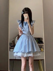 Lunivop Cute Sweet Blue Plaid Dress Women Elegant 3D Floral Flying Sleeve Mini Dress Japan Vintage Slim Kawaii Lace Patchwork Dress