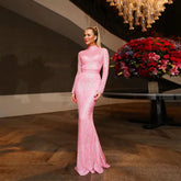 Lunivop Fashion Pink High Neck Sequined Mermaid Evening Dresses Long Sleeves Sparkle Sequins Party Gowns Backless Arabic Women Vestidos