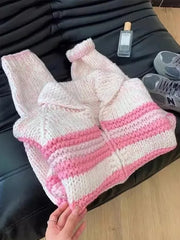 Lunivop Lazy Wind Women Sweet Cute Cardigan Sweaters Vintage Striped Long Sleeve Loose Knitted Jacket Fall Winter Soft Warm Female Tops