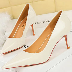Lunivop Fashion Women Simplicity Glossy Patent Leather 7cm Thin High Heels Pumps Shallow Pointed Toe Lady Shoes Red Nude Green