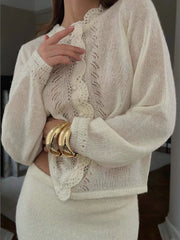 Lunivop Knitwear Commuting Round-Neck Sweater Cardigan Women Hollowed Out Pleats Solid Cropped Outwear Knit Female Cardigan Top