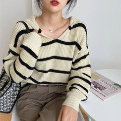Lunivop Striped Sailor Collar Knit Sweater for Women Pullovers Cozy Jumper Fall Winter Teen-girl Preppy Outfit