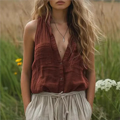 Lunivop Elegant Sleeveless Women's Shirt Casual Loose Cotton and Linen Solid Color V-neck Vest Tops Fashion Pocket Button Up Blouse