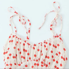 Lunivop Women French Style Retro Cherry Fruit Print Wood ear Ruched Chest Bow Lacing Up Sling Dress Short Chiffon Dresses Holiday Robe