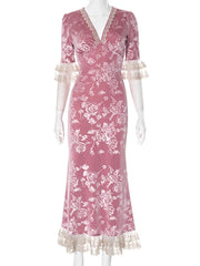 Lunivop Patchwork Deep V-neck Lace Women Maxi Dress Short Sleeve Printed Floral Dress Female Spring French Casual Party Clubwear