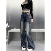 Lunivop Autumn Women High Waist Straight Denim Pants Korean Aesthetic Slim Wide Leg Jeans Woman Vintage 2000S Washed Denim Trousers