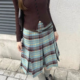 Lunivop Y2k Elegant Vintage Plaid Ruched Skirts Summer High Waist A-line Skirt for Women New Mid-length Loose Faldas Mujer