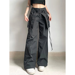Lunivop Summer Women Baggy Parachute Wide Leg Pants Drawstring Streetwear with Large Pockets Trousers Long Pants Mid Waist Cargo Pants