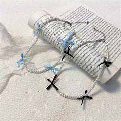 Lunivop Trendy Simple Solid Color Bow Pearl Necklace for Women Niche Design Imitation Pearl Clavicle Chain Sweet Elegant Party Jewelry