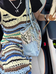 Lunivop Vintage Denim Tote Bag Handbag Women Floral Embroidery Large Capacity Casual Shoulder Bags Female Y2k Underarm Bag Chic