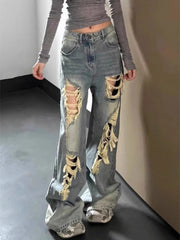 Lunivop Vintage Waed Ripped Denim Jeans Women Y2k Loose Straight Leg Slim Wide Leg Floor Length Pants Distressed Denim Jeans Streetwear