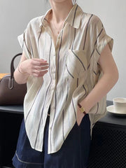 Lunivop Loose Women Striped Shirt Vintage Short Sleeve Casual Pocket Blouse French Retro Simple Female Summer Elegant Sweet Tops