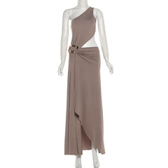 Lunivop Women Sexy Metal Buckle Ruched Hollow Out Asymmetrical Maxi Party Dress One Shoulder Sleeveless Backless Evening Gown Long Robe