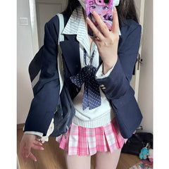 Lunivop Y2k Sweet White Pink Plaid JK Skirt for Women Preppy Style A-line Pleated Skirts Summer New High Waist Faldas Mujer