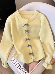 Lunivop Cute Bow Women Cardigan Long Sleeve Lazy Wind Sweet Knitted Sweater Casual Loose Preppy Style Vintage Lady O Neck Fall Tops