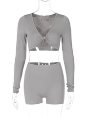 Lunivop V Neck Long Sleeve Solid Ruched Knot Sexy Crop Top Shorts Fall 2 Piece Sets Women Streetwear Club Sports Y2K Outfit