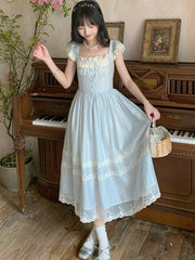 Lunivop Elegant Blue Long Dress Women Sweet Lace Patchwork Vintage Dress High Quality Casual Flying Sleeve Bow Lady Retro Vestidos