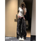 Lunivop Women's Splicing Black Jeans High Street Straight Leg Fashion Y2K Style American Summer Oversized Women's Loose Jeans 2025 NEW