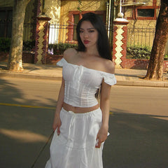 Lunivop Y2K Off The Shoulder Ruched Crop Top Long Skirt Women'S Sets Summer Casual Elegant Ladies 2024 Korean Popular Clothes