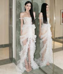 Lunivop Simple Strapless Mermaid Wedding Dresses Sheer See Thru Lace Bridal Gowns Custom Made Sleeveless High Split Ruffle Tulle Wedding