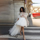 Lunivop Chic White High Low Train Wedding Dresses Puffy A Line Tulle Flare Pleat Sleeves Bridal Gowns Flowers Bride Party Wear Customize