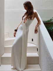 Lunivop Summer Fashion V-Neck Long Dress For Women High Waist Backless Slim Pleated Solid Elegant Party Dress Female Maxi Dress