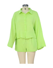Lunivop Solid Long Sleeve Shirt Shorts Sets Single Breasted Buckle Pocket Blouse with Shorts Summer Casual Female Outfits
