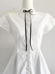 Lunivop Elegant Bow Women Shirts Summer Short Sleeve White Preppy Style Blouse Tunic Bandage Simple Solid Korean Ladies Tops New
