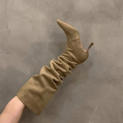 Lunivop New Sexy High Heel Women Knee High Boots Fashion Pleated Slip on Shoes Autumn Winter Ladies Knight Long Boot Botas De Mujer