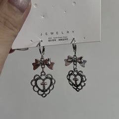 Lunivop New Fashion Silver Color Heart Bow Pendant Earrings set for Women Simple White Opal Heart Shaped Earrings Y2K Jewelry Gifts