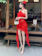 Lunivop Sexy Dresses Women Irregular Ruffles Sleeveless Halter Mesh Patchwork Slim Backless Elegant Dress Party Female Holiday