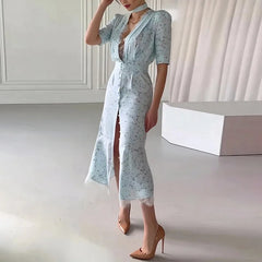 Lunivop Chic Lace Trimmed Printed Dress Women Elegant Deep V-neck Waist Cinching Split Short Sleeve Maxi Dress Lady Party Vestidos