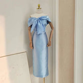 Lunivop Bow Solid Color Luxury Dresses For Women Elegant Short Sleeve High Split Zipper Slim Dress Female 2025 New Clothing