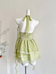 Lunivop Y2K Sweet Chic Dress Women Slim Fit Waist Cinched Lace Halter Neck Sleeveless Mini Dress Summer Harajuku Fashion Outfit